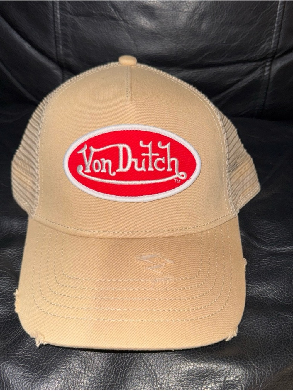 Von Dutch Tan Trucker Cap with Red Logo Patch Distressed